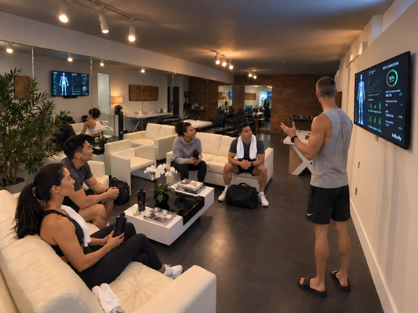 Chi Health Club members reviewing health measurements with a coach